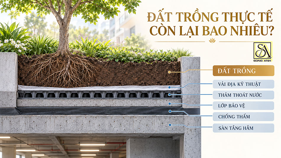 Cấu tạo lớp đất trồng và chống thấm trên sàn tầng hầm